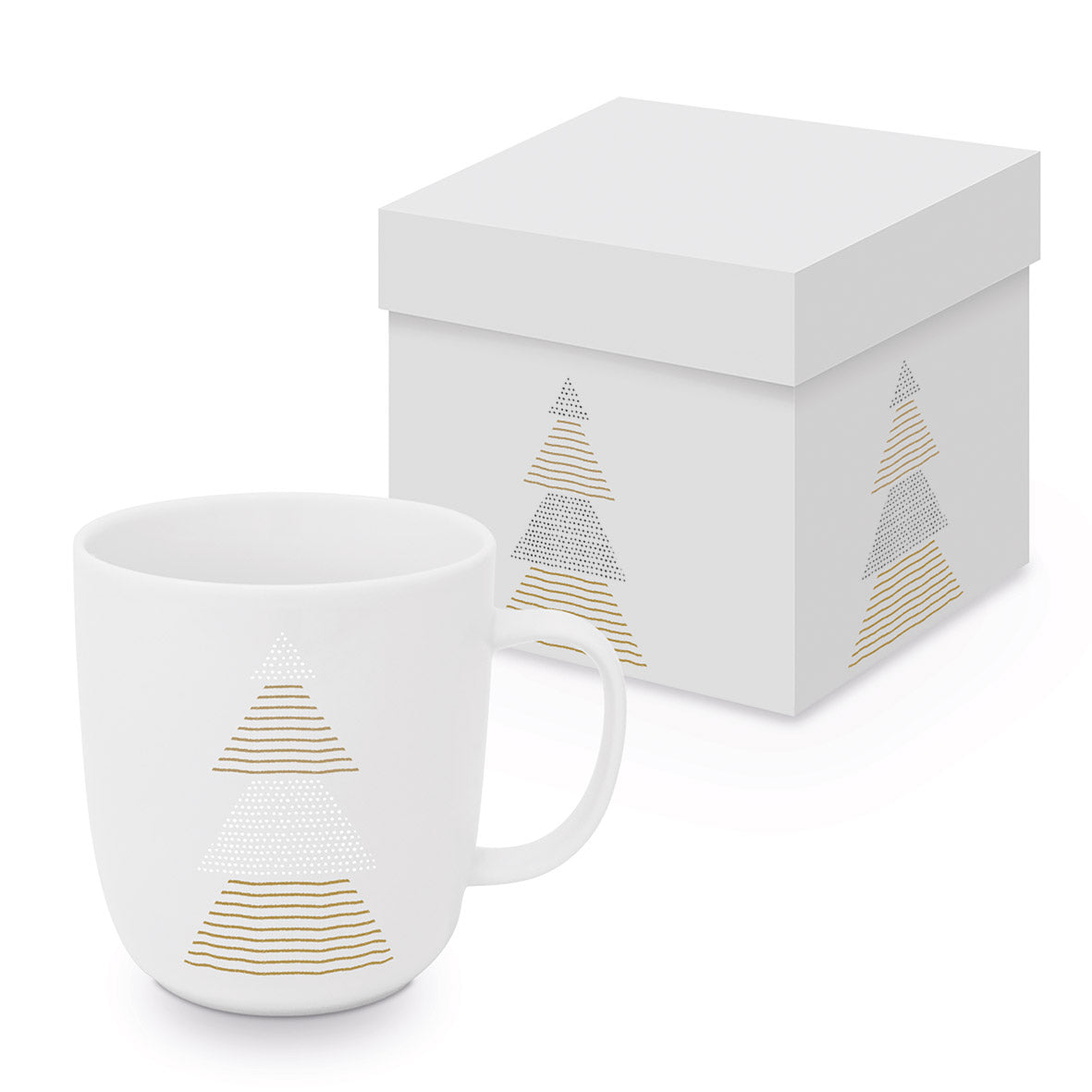 Eine weiße Porzellantasse mit goldenem Tannenbaummotiv neben einer passenden Geschenkdose.