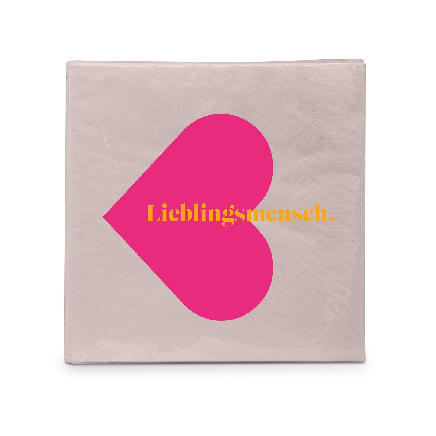 Eine hellgraue Papierserviette mit einem großen pinken Herz und dem gelben Schriftzug Lieblingsmensch.