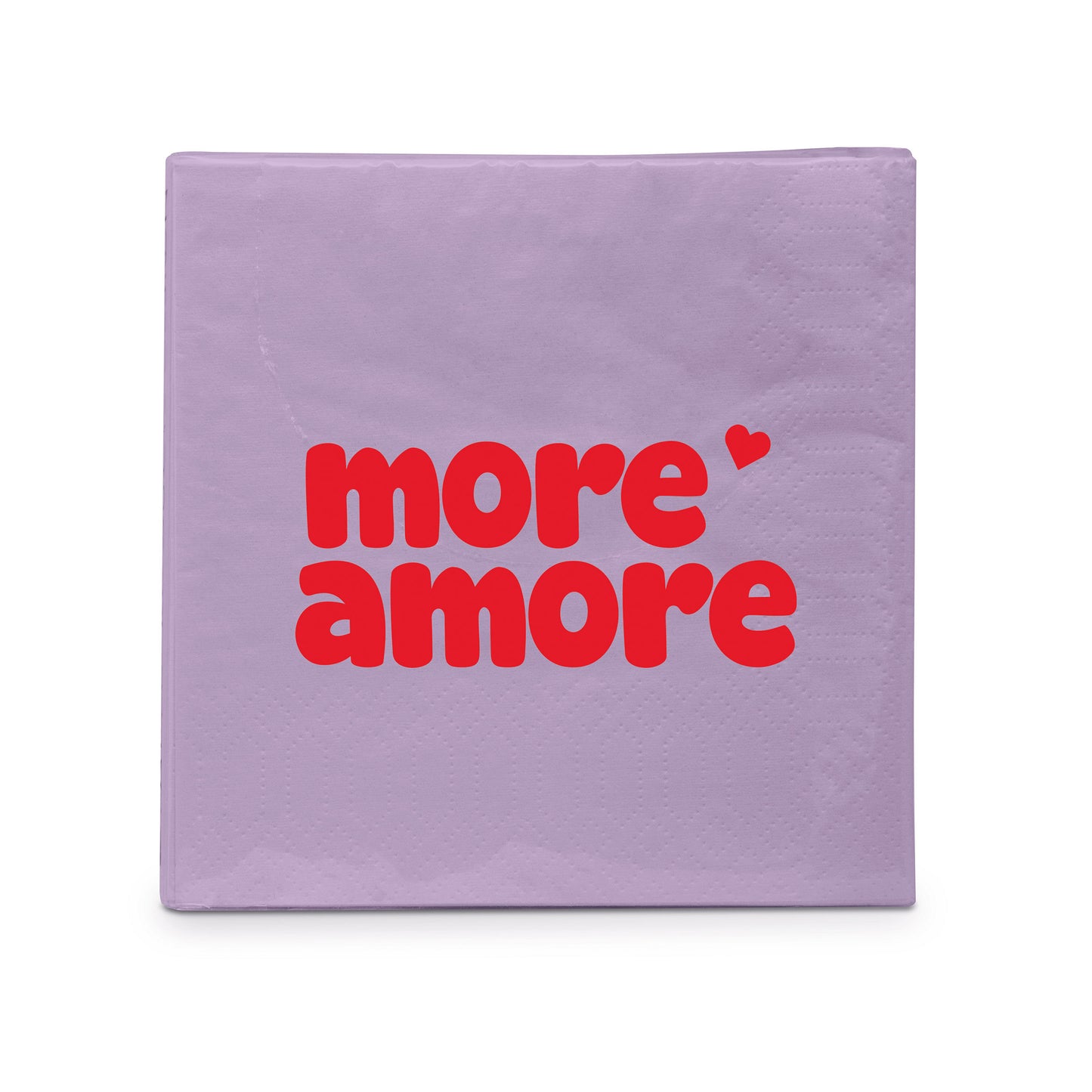 Eine quadratische, hellviolette Papierserviette mit dem roten Schriftzug more amore.