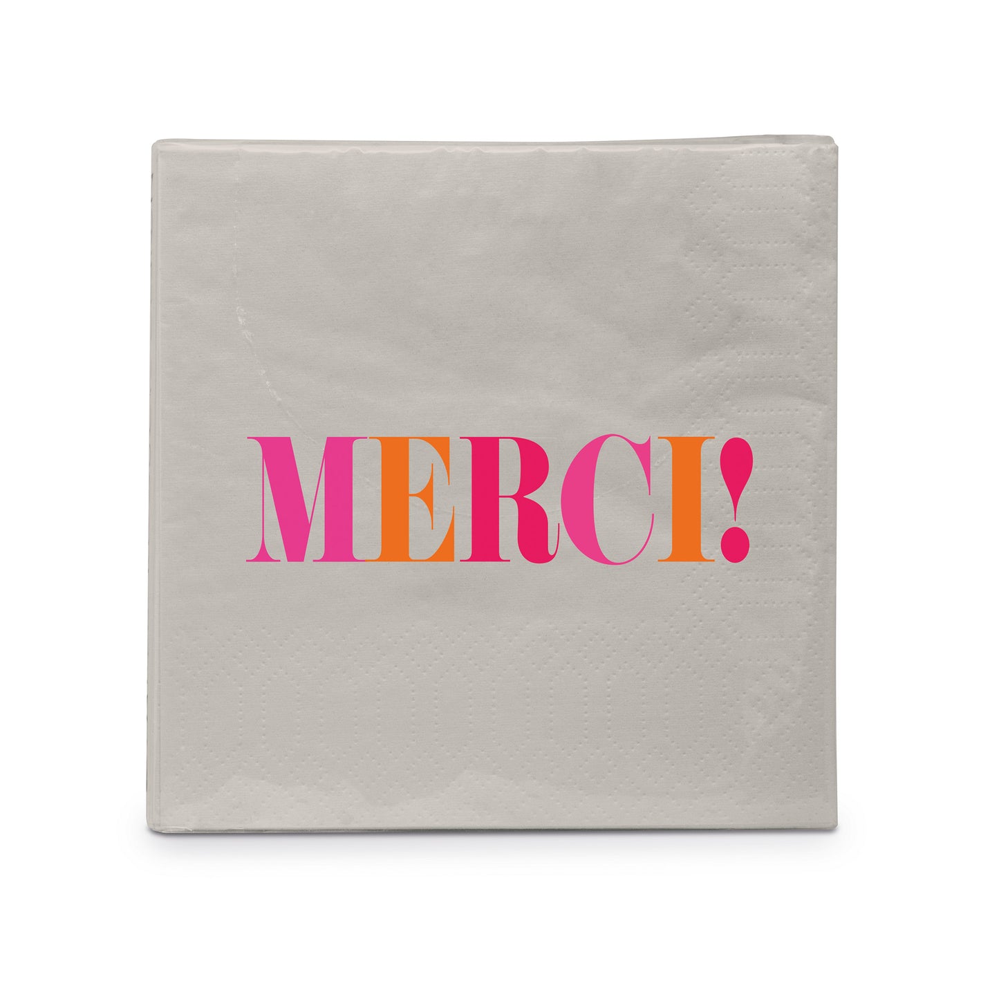 Eine hellgraue, dreilagige Papierserviette mit dem mehrfarbigen Aufdruck Merci.