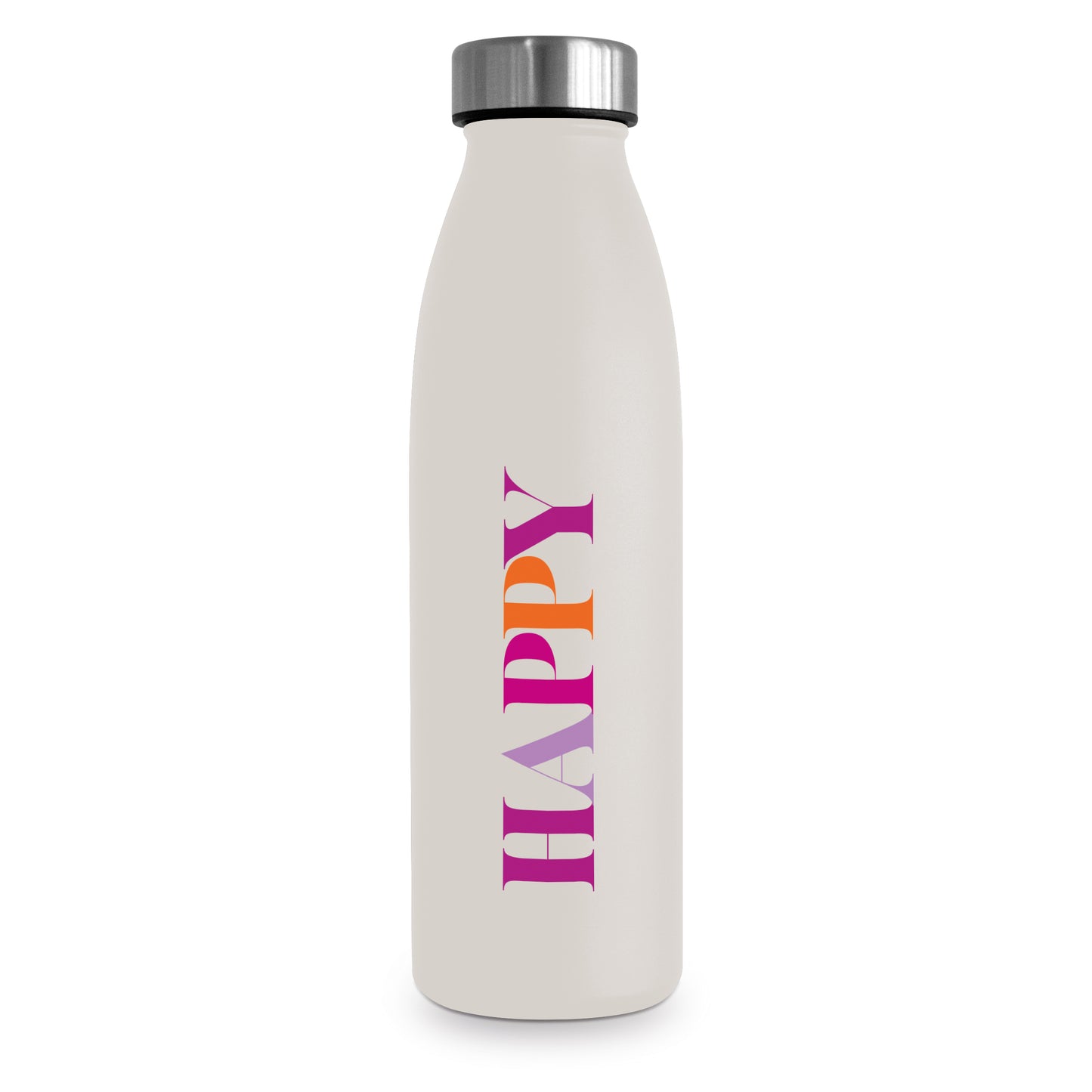 Eine cremefarbene Thermoflasche mit dem vertikal aufgedruckten, bunten Schriftzug Happy.