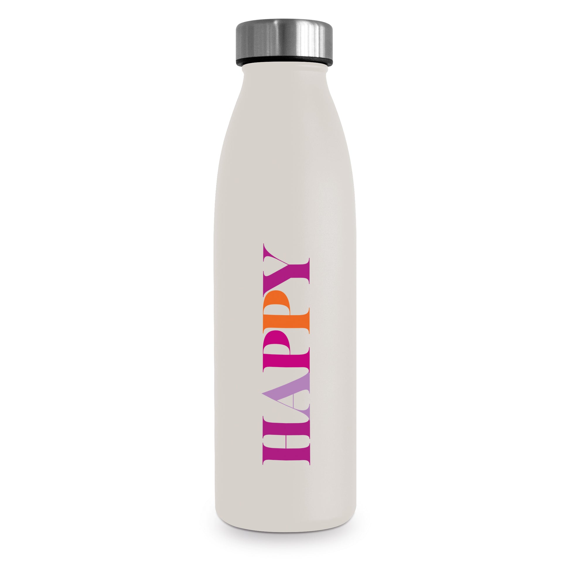 Eine cremefarbene Thermoflasche mit dem vertikal aufgedruckten, bunten Schriftzug Happy.