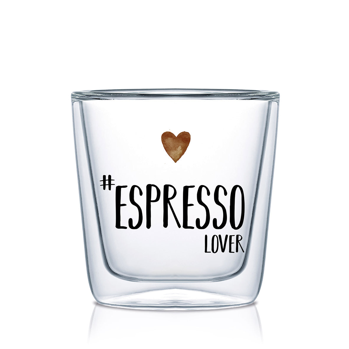 A double-walled glass espresso cup featuring a brown heart icon and the text Espresso Lover.