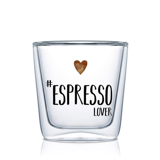 A double-walled glass espresso cup featuring a brown heart icon and the text Espresso Lover.