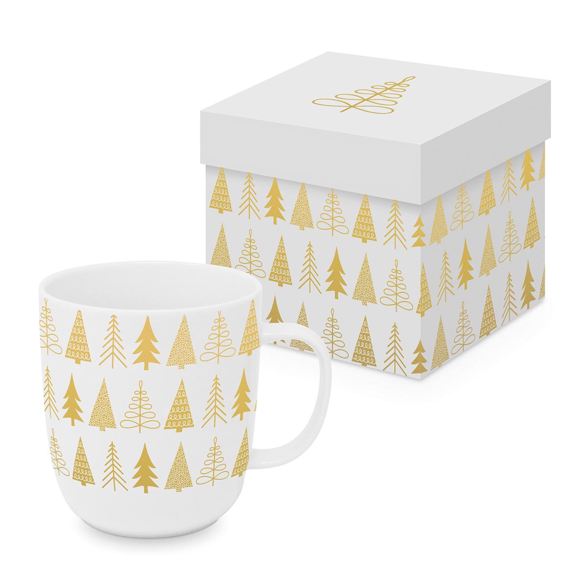 Eine weiße Porzellantasse mit goldenem Tannenbaummuster steht vor einer passenden Geschenkbox.