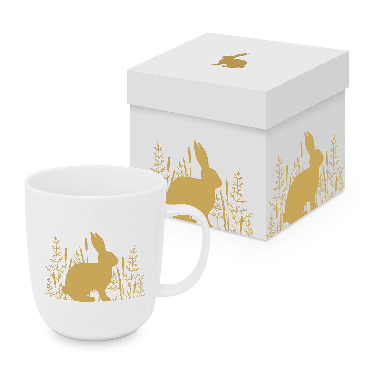 Eine weiße Porzellantasse mit goldenem Hasenmotiv und passender Geschenkbox.