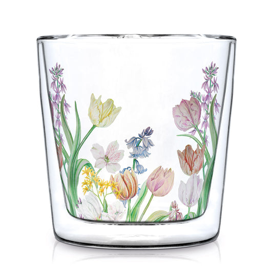 Doppelwandiges Teeglas aus Borosilikatglas mit einem bunten Blumenmotiv auf der Innenseite.