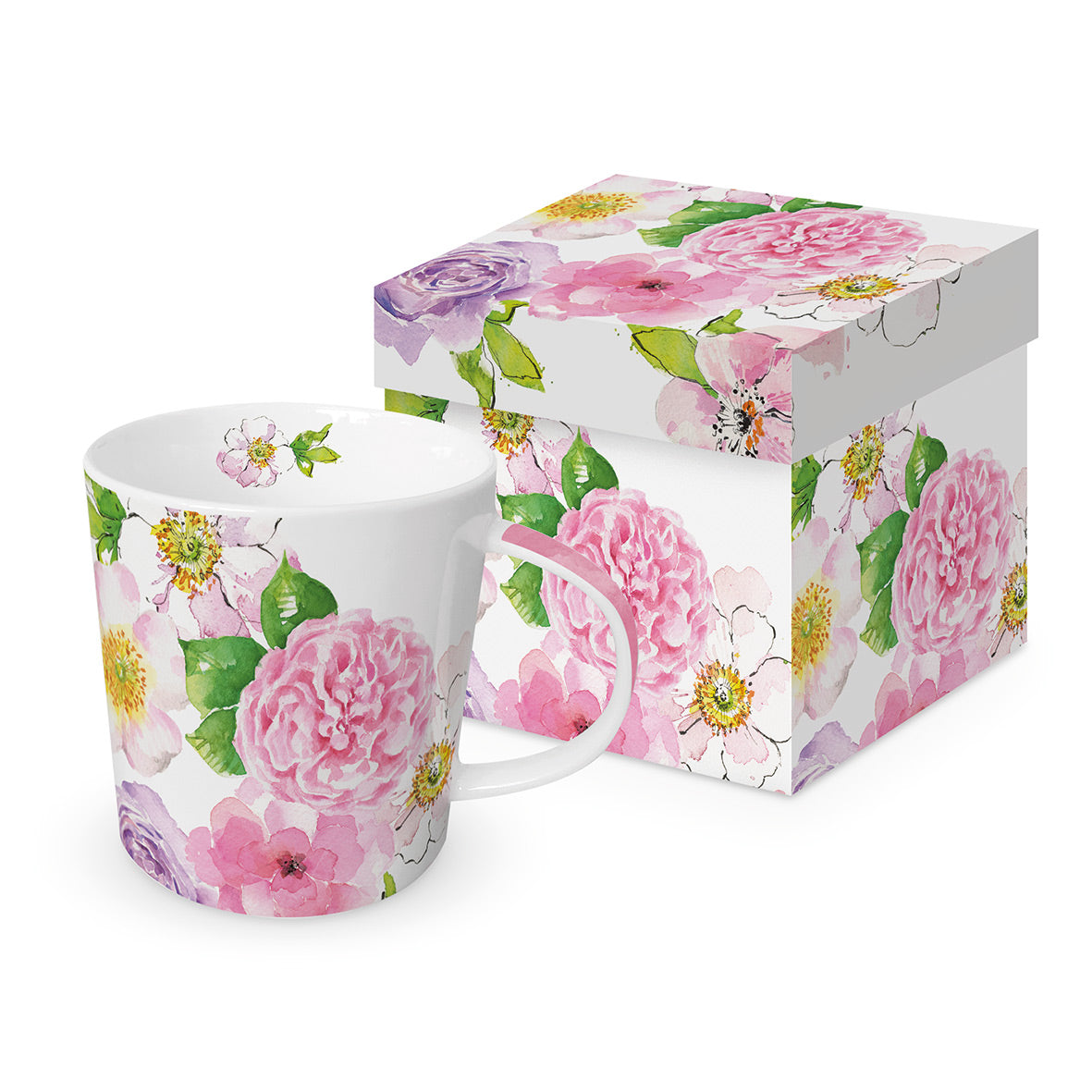 Eine Porzellantasse mit Blumenmuster und passender Geschenkdose im Blumendesign.