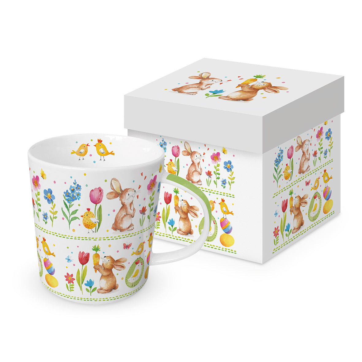 Porzellantasse mit Hasen- und Blumenmotiv in passender Geschenkdose.