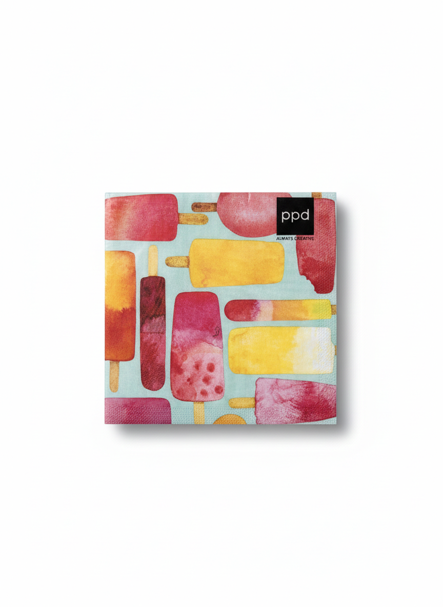 Eine quadratische Papierserviette mit einem bunten Aquarellmuster aus verschiedenen Eis am Stiel.