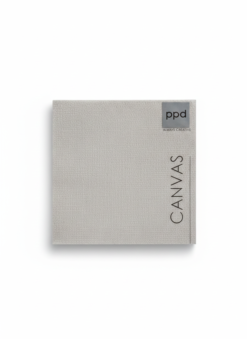 Eine hellgraue Papierserviette mit einer feinen, leinenartigen Struktur und dem Aufdruck Canvas.
