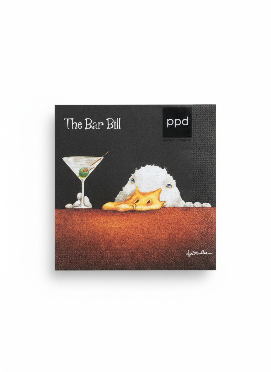 Eine quadratische Papierserviette mit einer Illustration einer Ente an einer Bar mit einem Martini.